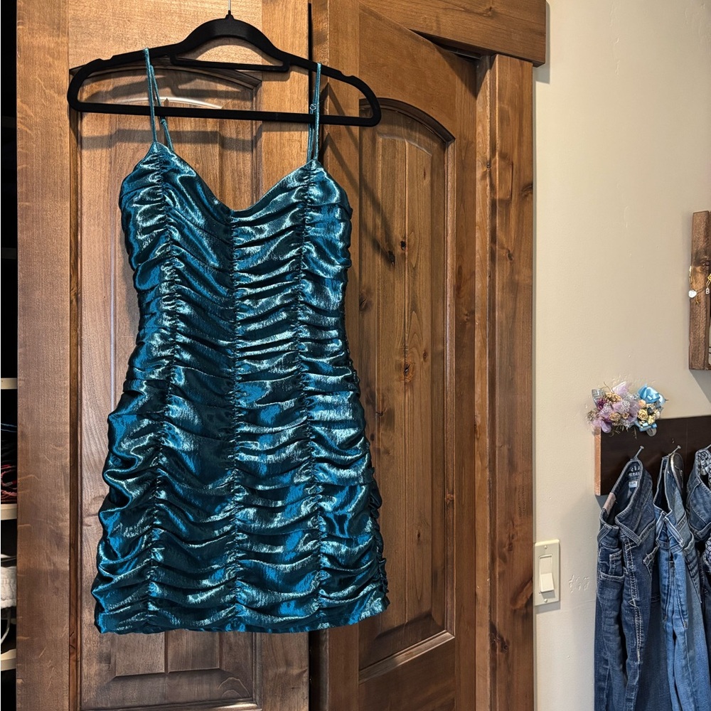 Lucy in the Sky Shimmering Blue Ruched Dress